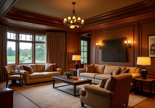 Interior del club house con ambiente acogedor